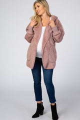 Mauve Fuzzy Hooded Long Sleeve Maternity Jacket