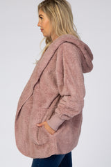 Mauve Fuzzy Hooded Long Sleeve Maternity Jacket