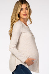 Beige Front Button Long Sleeve Maternity Top