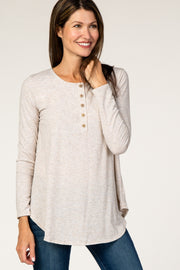 Beige Front Button Long Sleeve Top