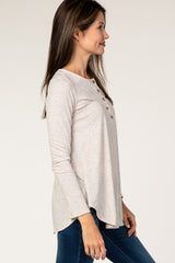 Beige Front Button Long Sleeve Top