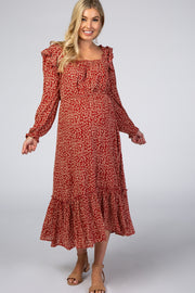 Rust Floral Square Neck Ruffle Long Sleeve Maternity Midi Dress