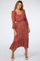 Rust Floral Square Neck Ruffle Long Sleeve Maternity Midi Dress