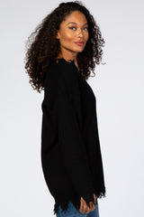 Black Fringe Hem V-Neck Sweater