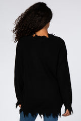 Black Fringe Hem V-Neck Sweater