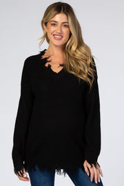 Black Fringe Hem V-Neck Maternity Sweater