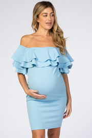 Turquoise Layered Ruffle Off Shoulder Fitted Maternity Dress