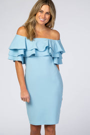 Turquoise Layered Ruffle Off Shoulder Fitted Dress