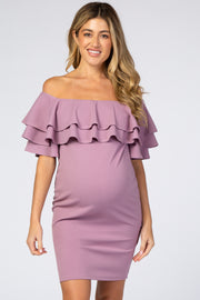 Violet Layered Ruffle Off Shoulder Fitted Maternity Dress