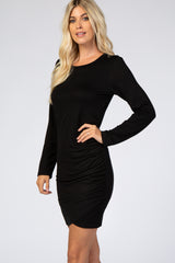 Black Long Sleeve Wrap Hem Fitted Dress