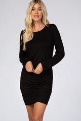 Black Long Sleeve Wrap Hem Fitted Dress