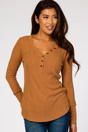 Camel Button V-Neck Long Sleeve Top