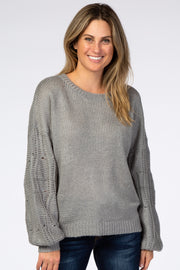 Heather Grey Cable Knit Puff Sleeve Sweater