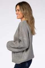 Heather Grey Cable Knit Puff Sleeve Sweater