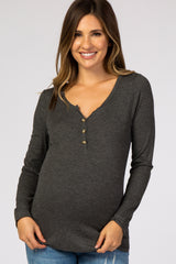 Charcoal Ribbed Button Front Maternity Top