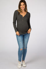 Charcoal Ribbed Button Front Maternity Top