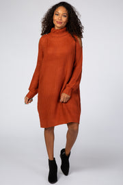 Rust Cold Shoulder Turtleneck Sweater Dress