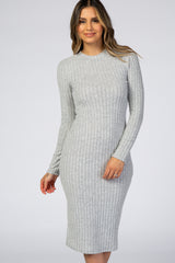 Heather Grey Brushed Rib Fitted Midi Dress