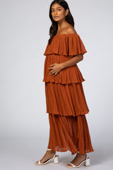 Rust Taupe Ruffle Tiered Off Shoulder Chiffon Maternity Midi Dress