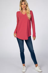 Magenta Solid V-Neck Long Sleeve Top