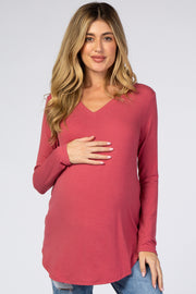 Magenta Solid V-Neck Long Sleeve Maternity Top