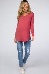 Magenta Solid V-Neck Long Sleeve Maternity Top