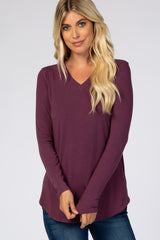 Purple Solid V-Neck Long Sleeve Maternity Top