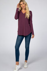 Purple Solid V-Neck Long Sleeve Top