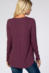 Purple Solid V-Neck Long Sleeve Top