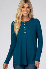 Teal Button Accent Long Sleeve Maternity Top