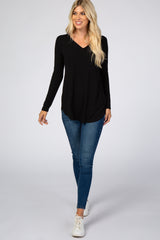 Black Solid V-Neck Long Sleeve Top