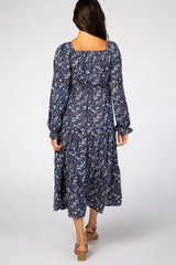 Navy Blue Floral Square Neck Smocked Maxi Dress