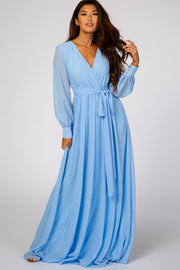 Light Blue Chiffon Long Sleeve Maxi Dress