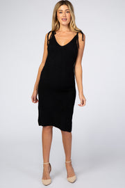 Black Fuzzy Knit Shoulder Tie Maternity Midi