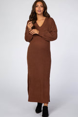 Brown V-Neck Ribbed Maternity Sweater Dress