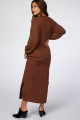 Brown V-Neck Ribbed Maternity Sweater Dress