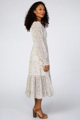 Ivory Floral Smocked Front Ruffle Hem Midi Dress