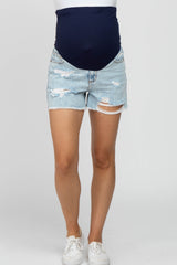 Light Wash Distressed Denim Maternity Shorts