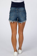 Blue Distressed Frayed Hem Maternity Jean Shorts