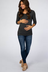 Charcoal Basic Ruched Fitted Maternity Top