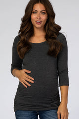 Charcoal Basic Ruched Fitted Maternity Top