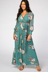 Teal Floral Chiffon Maternity Maxi Dress