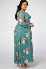 Teal Floral Chiffon Plus Maxi Dress