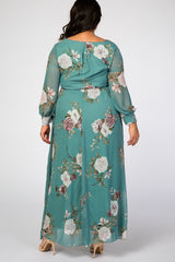 Teal Floral Chiffon Plus Maxi Dress