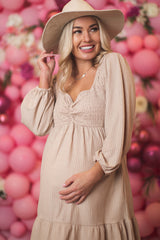 Beige Textured Stripe Sweetheart Neck Maternity Dress