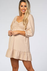 Beige Textured Stripe Sweetheart Neck Maternity Dress