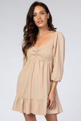 Beige Textured Stripe Sweetheart Neck Maternity Dress