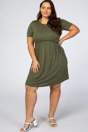 Olive Solid Crochet Trim Plus Shift Dress