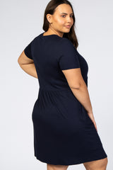 Navy Blue Solid Crochet Trim Plus Shift Dress