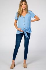 Light Blue Button Tie Front Maternity Top